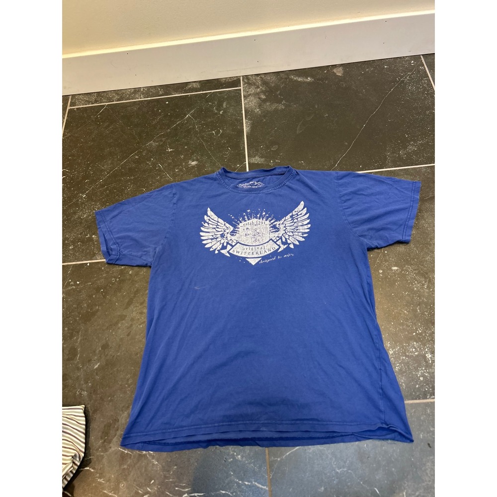 Y2k 2000s Traditionally Swiss Graphic Tee Blue XXL E Wing Crest